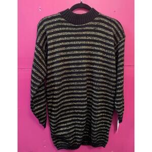 Vintage 80s Retro Long Black Gold Sparkly Striped Sweater L